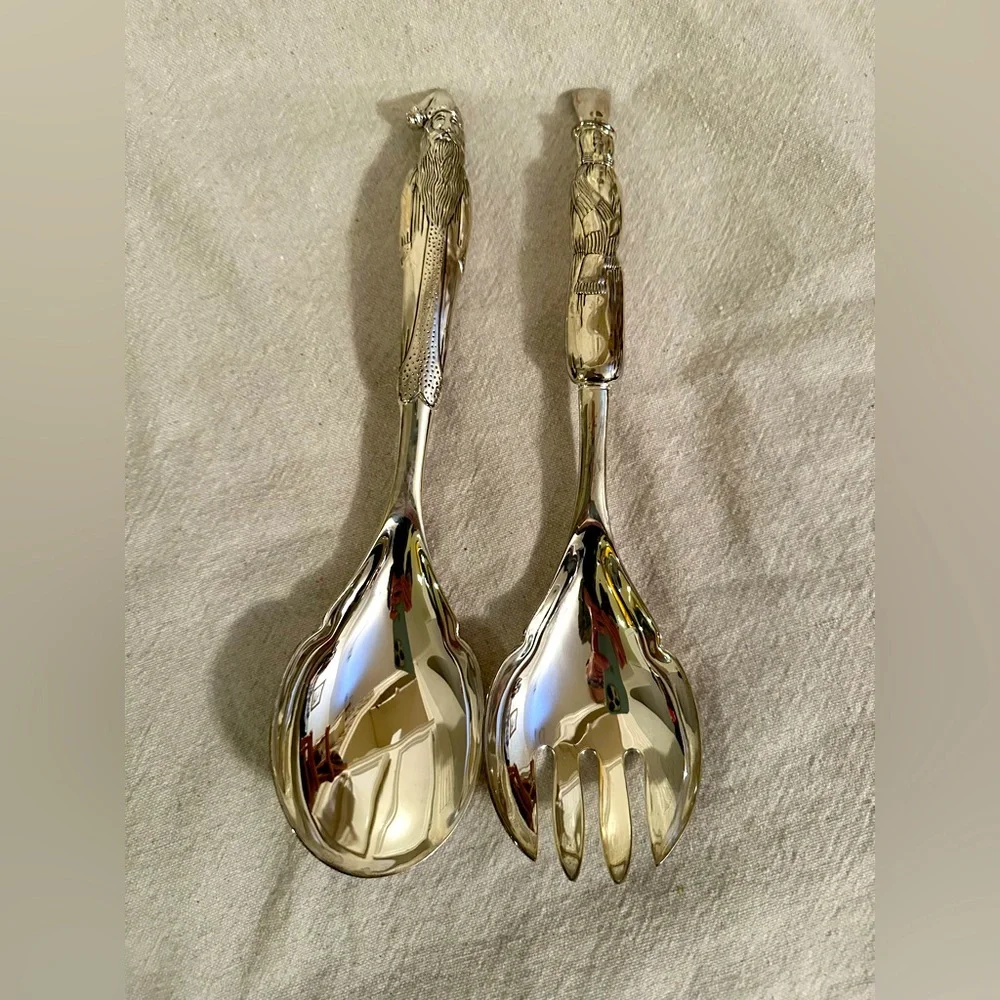 VTG WALLACE SILVERSMITHS SILVER PLATED SALAD SERVERS SANTA SNOWMAN CHRISTMAS